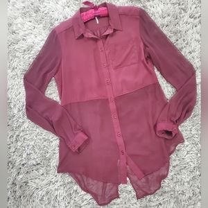 Free People Wine Burgundy Sheer Button Down Blouse Size S